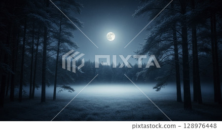 Serene moonlit forest clearing with mist and tall pine trees at night Serene moonlit forest clearing with mist and tall pine trees at night 128976448