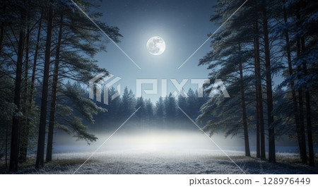 Serene moonlit winter forest clearing with tall pine trees and ethereal mist Serene moonlit winter forest clearing with tall pine trees and ethereal mist 128976449