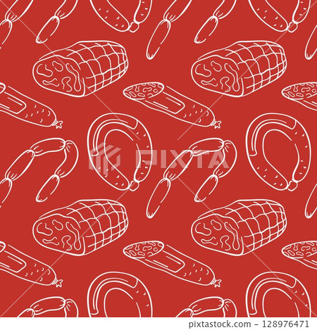 Seamless line art style pattern with sausage and ham. Perfect for butcher shop packaging, kitchen decor, menu or traditional meat cuisine design on red background. Seamless line art style pattern with sausage and ham. Perfect for butcher shop packaging, kitchen decor, menu or traditional meat cuisine design on red background. 128976471