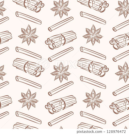 Line art style cinnamon stick and star anise seamless pattern. Perfect for spice package shop, cafe menu design. 128976472