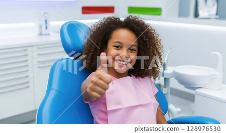 Happy young girl with curly hair giving thumbs up in a modern dental clinic. 128976530