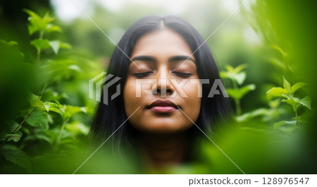 Serene young woman meditating in lush green nature with eyes closed 128976547