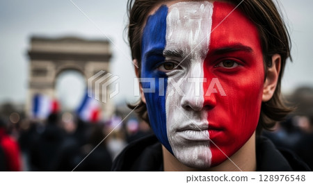 Young man with french flag painted face at a public event in paris, patriotism concept Young man with french flag painted face at a public event in paris, patriotism concept 128976548