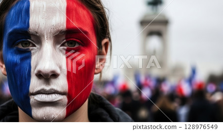 Young woman with french flag painted on her face, showing national pride at a public event Young woman with french flag painted on her face, showing national pride at a public event 128976549