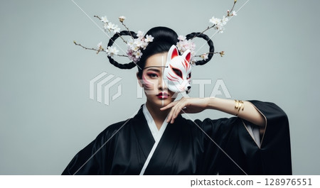 Striking portrait of a woman in a kimono with a modern kitsune mask and japanese hairstyle 128976551