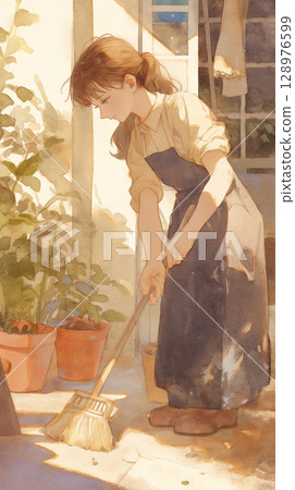 A watercolor illustration of a woman sweeping the floor with a broom in a Showa-era house filled with a sense of life, with light and shadow intersecting. A watercolor illustration of a woman sweeping the floor with a broom in a Showa-era house filled with a sense of life, with light and shadow intersecting. 128976599