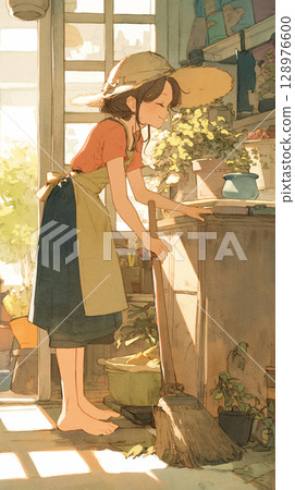 A watercolor illustration of a woman sweeping the floor with a broom in a Showa-era house filled with a sense of life, with light and shadow intersecting. A watercolor illustration of a woman sweeping the floor with a broom in a Showa-era house filled with a sense of life, with light and shadow intersecting. 128976600