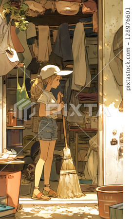在充滿活力的昭和時代房屋中,光與影交織,描繪了一位女性用掃帚掃地的水彩畫。 在充滿活力的昭和時代房屋中,光與影交織,描繪了一位女性用掃帚掃地的水彩畫。 128976601