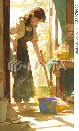 在充滿活力的昭和時代房屋中，光與影交織，描繪了一位女性用掃帚掃地的水彩畫。 128976602