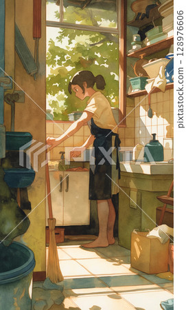 在充滿活力的昭和時代房屋中,光與影交織,描繪了一位女性用掃帚掃地的水彩畫。 在充滿活力的昭和時代房屋中,光與影交織,描繪了一位女性用掃帚掃地的水彩畫。 128976606