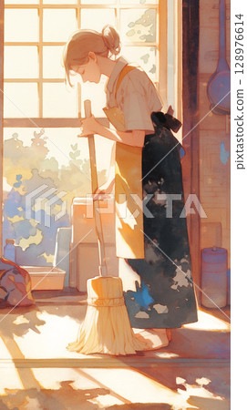 一幅水彩畫，描繪了一位婦女拿著掃帚清掃房間，房間令人印象深刻，陽光透過窗戶照進來，木質的溫暖，簡單而細心的生活方式 128976614
