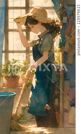 一幅水彩畫，描繪了一位婦女拿著掃帚清掃房間，房間令人印象深刻，陽光透過窗戶照進來，木質的溫暖，簡單而細心的生活方式 128976615
