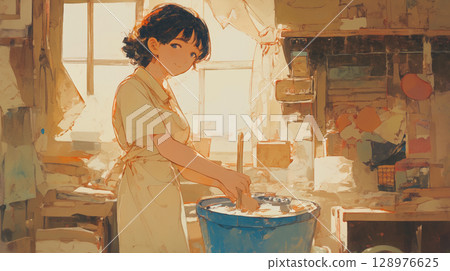 A woman is calmly cleaning with a broom in a room before noon as sunlight pours in on the dining table. A heartwarming, nostalgic scene of everyday life depicted in watercolors. A woman is calmly cleaning with a broom in a room before noon as sunlight pours in on the dining table. A heartwarming, nostalgic scene of everyday life depicted in watercolors. 128976625