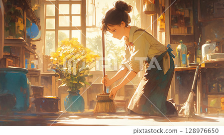 午餐前打掃的場景，讓人感受到家的溫暖，水彩畫中手持掃帚的女人，懷舊與親切 128976650
