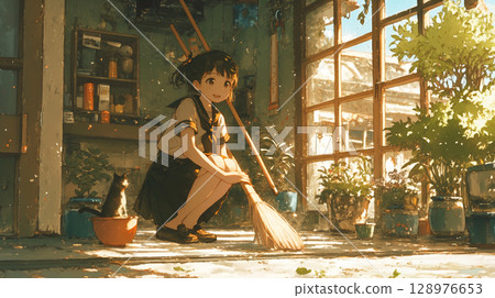 午餐前打掃的場景，讓人感受到家的溫暖，水彩畫中手持掃帚的女人，懷舊與親切 128976653