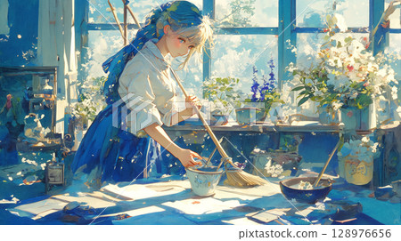 A scene of cleaning before lunch that gives a sense of the warmth of home, a watercolor illustration of a woman holding a broom, nostalgia and kindness 128976656