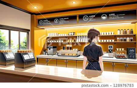 A young woman working in a cafe A young woman working in a cafe 128976783