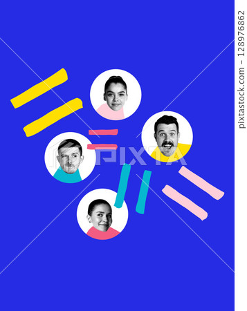 Graphic composition. Diverse faces in circular avatars connected by colorful equal signs 128976862