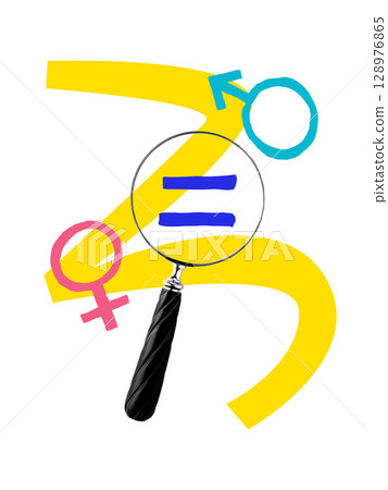 Creative digital artwork. Gender symbols with magnifying glass and equality sign on white background 128976865
