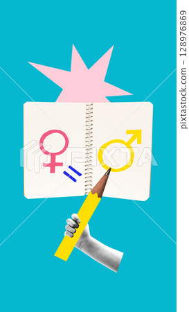 Colorful poster. Notebook with gender symbols and equality sign held by hand on blue background 128976869