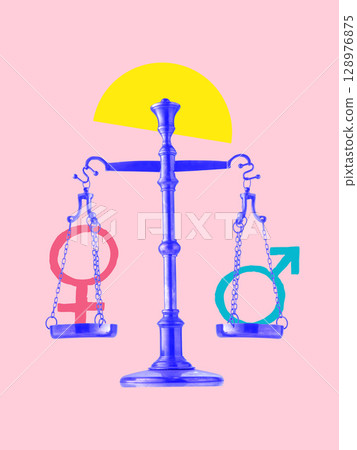 Digital artwork of bright blue scales balancing male and female gender symbols on soft pink background Digital artwork of bright blue scales balancing male and female gender symbols on soft pink background 128976875