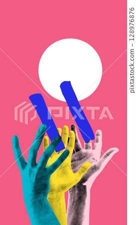 Bold poster of raised multicolored hands reaching toward white circle on pink background Bold poster of raised multicolored hands reaching toward white circle on pink background 128976876