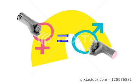 Creative collage of clenched hands holding gender symbols and equality sign over yellow arc 128976881