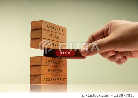 Hand pulls a block labeled RISK from stack of wooden blocks representing structured plans. Core of financial and business risk management Hand pulls a block labeled RISK from stack of wooden blocks representing structured plans. Core of financial and business risk management 128977033