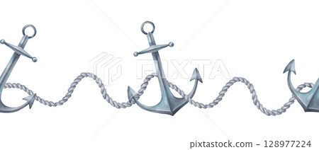 Horizontal border with sea anchor and rope. Watercolor illustration. Hand drawn isolated art. Marine style design of ship and sailboat equipment. Banner for printing, packaging and vintage projects 128977224