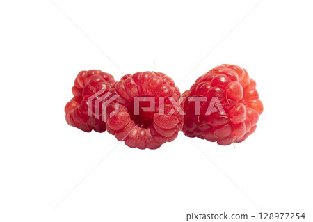 Raspberries isolated on white background. Sweet ripe fresh delicious raspberry, summer berry, 128977254