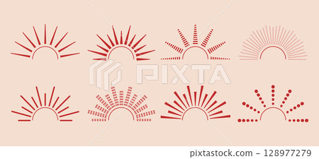 Minimalist abstract vintage half sunset, sunrise beams, sun raises, burst symbols. Retro red logo, tattoo design templates. 128977279