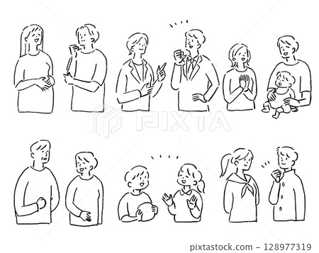 人物組（微笑、嬰兒、夫婦、學生、上班族、老人、兒童）、線畫 128977319
