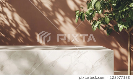 Table top white marble counter pink cement wall with shadow sunlight from plant 128977388