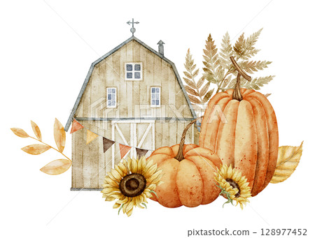 Watercolor illustration of a rustic barn with pumpkins, sunflowers, banners, and autumn foliage. Drawing of fall house with leaves and flowers for seasonal or thanksgiving themed invitations. 128977452