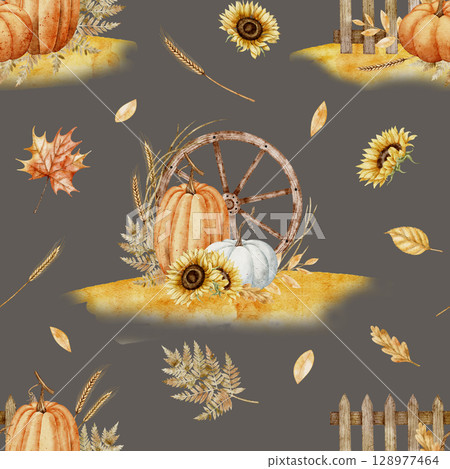 Watercolor seamless Pattern on dark background with Pumpkins, Sunflowers, wheel, and leaves. Illustration of autumn background for seasonal wrapping paper and fabrics. Art of rustic backdrop. 128977464