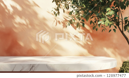 Table top white marble counter copy space cement wall with shadow sunlight from flower vas 128977477
