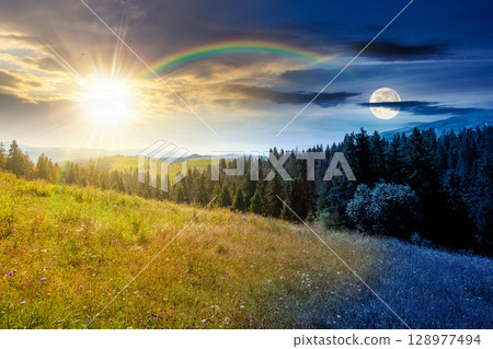 mountain landscape with fir forest on the hill on summer solstice. hiking through beautiful nature scenery of alpine countryside with sun and moon at twilight. day and night time change concept 128977494