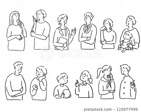 People set (thinking, troubled, worried, baby, married couple, student, office worker, elderly, child), line drawing 128977499