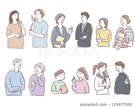 People set (thinking, troubled, worried, baby, couple, student, office worker, elderly, child) 128977500