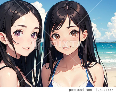 穿著泳衣的美麗女人在海裡玩耍 128977537