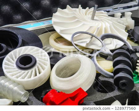 3D printed Detailed view of assorted mechanical components arranged in a container for industrial applications 128977560