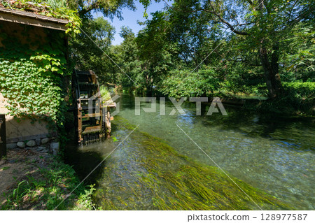 <Azumino> Spectacular view of the waterwheel and beautiful stream at Daio Wasabi Farm <Azumino> Spectacular view of the waterwheel and beautiful stream at Daio Wasabi Farm 128977587