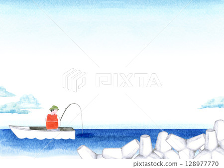 海釣漁船船船人背景水彩插圖 128977770