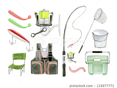 Sea fishing fishing equipment set watercolor illustration 128977772