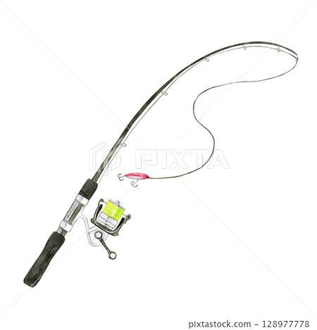 Sea fishing Fishing rod Rod Watercolor illustration Sea fishing Fishing rod Rod Watercolor illustration 128977778