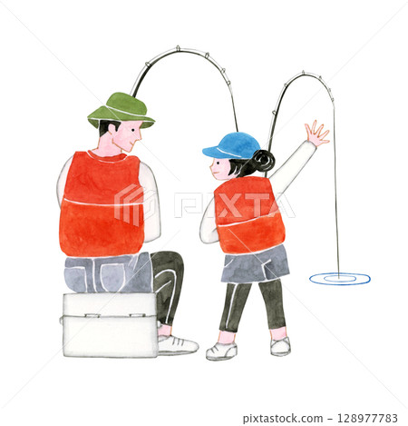 海釣 釣魚 人物 父母與孩子 水彩插圖 128977783