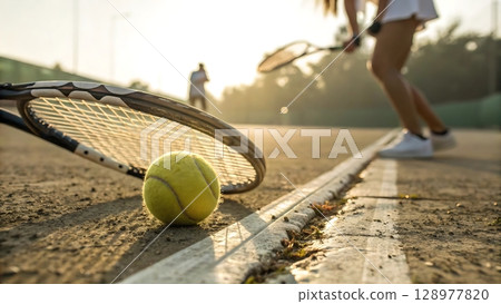 Tennis ball on dirt court with racket nearby and blurred player in sunset light creating a rustic sports environment Tennis ball on dirt court with racket nearby and blurred player in sunset light creating a rustic sports environment 128977820