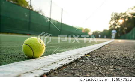 Tennis ball on the court with a person walking in the background on a sunny day outdoors view is low 128977839