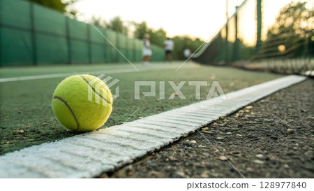 tennis ball resting on the baseline of a tennis court with players in the background on the court 128977840