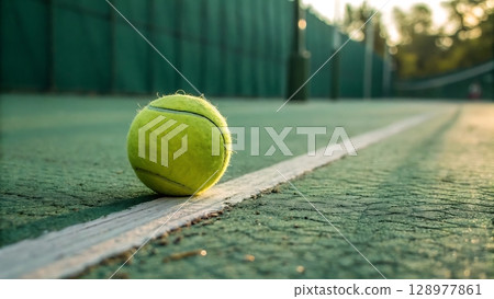 Lone tennis ball on court line ready for play at sunset 128977861